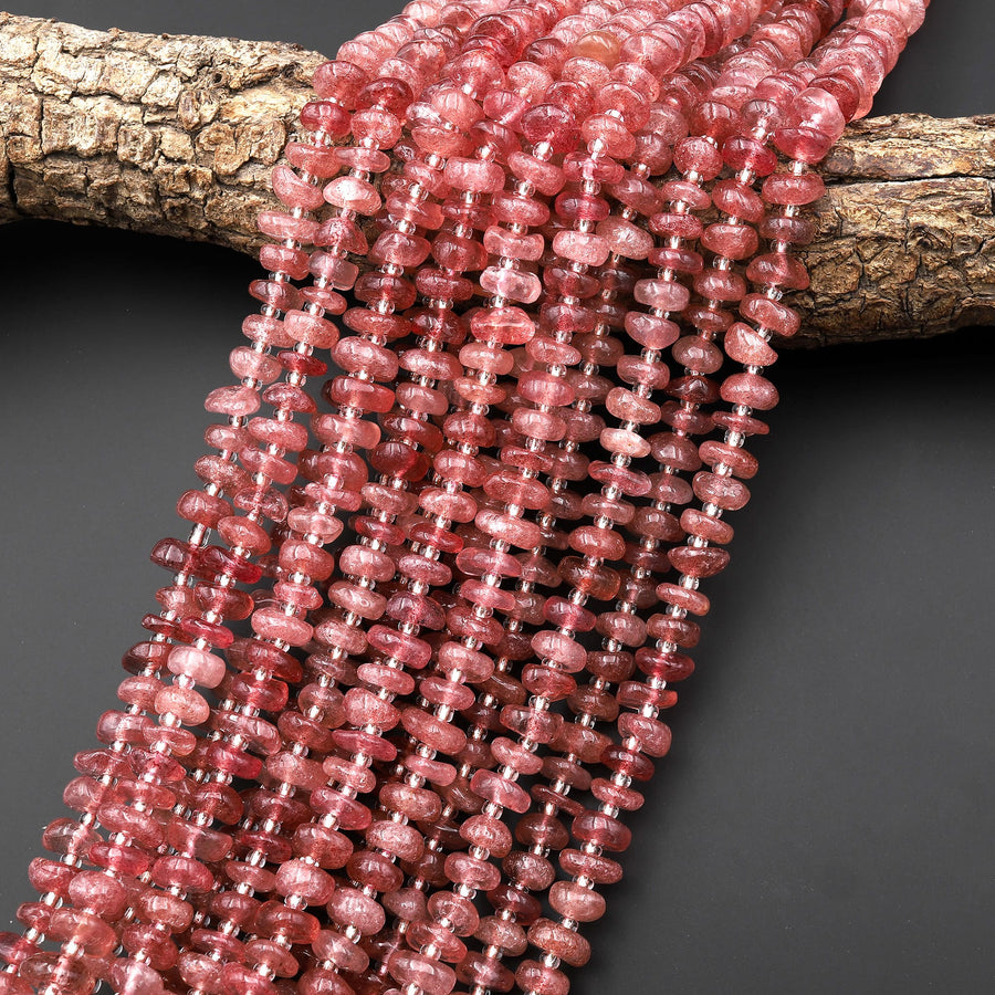 Natural Strawberry Quartz Freeform Center Drilled 8mm 10mm Rondelle Disc Beads 15.5" Strand