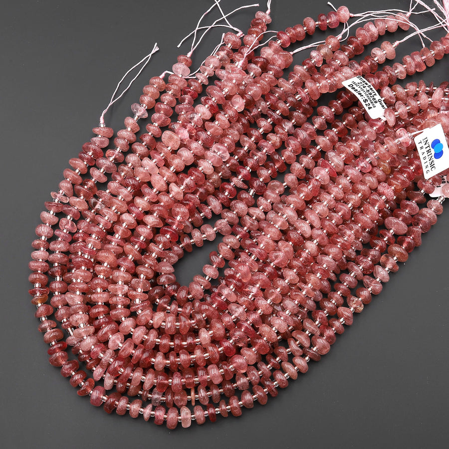 Natural Strawberry Quartz Freeform Center Drilled 8mm 10mm Rondelle Disc Beads 15.5" Strand