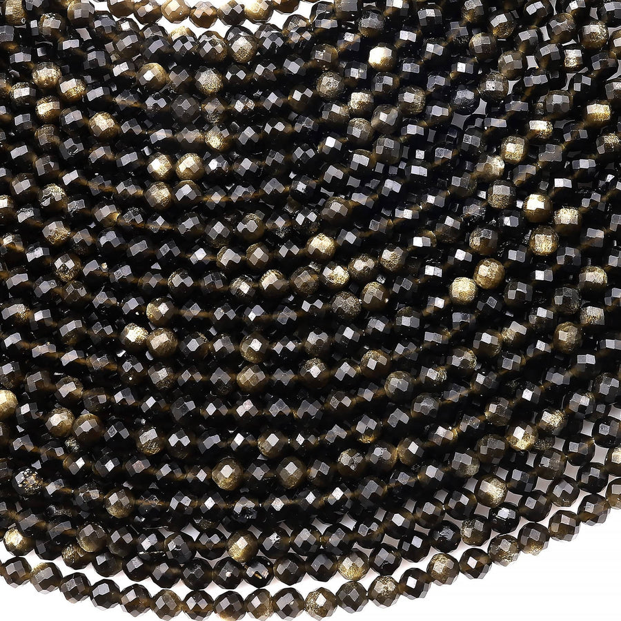 AAA Micro Faceted Natural Golden Obsidian 2mm 3mm 4mm Round Beads 15.5" Strand