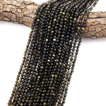 AAA Micro Faceted Natural Golden Obsidian 2mm 3mm 4mm Round Beads 15.5" Strand