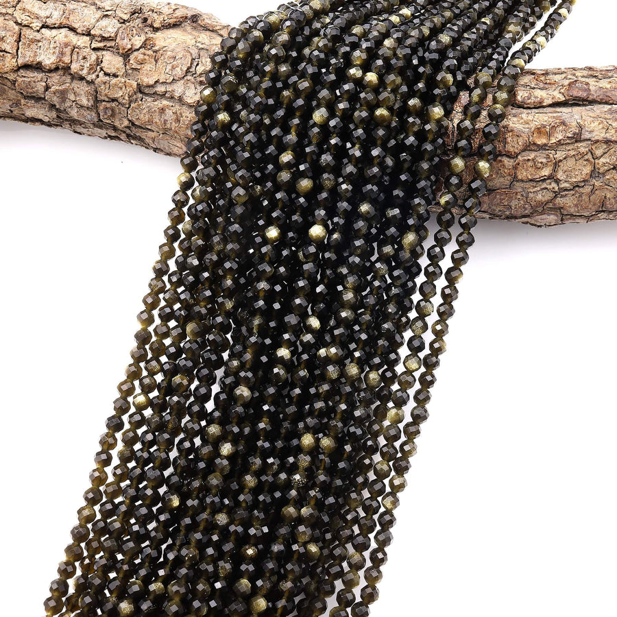 AAA Micro Faceted Natural Golden Obsidian 2mm 3mm 4mm Round Beads 15.5" Strand