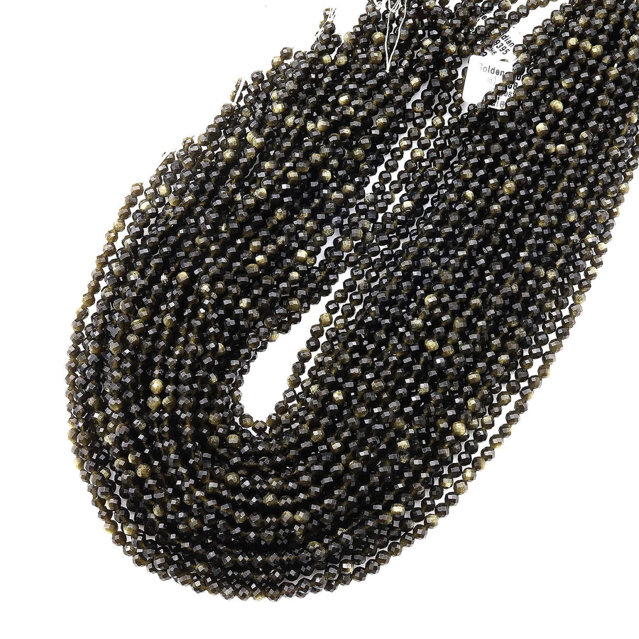 AAA Micro Faceted Natural Golden Obsidian 2mm 3mm 4mm Round Beads 15.5" Strand