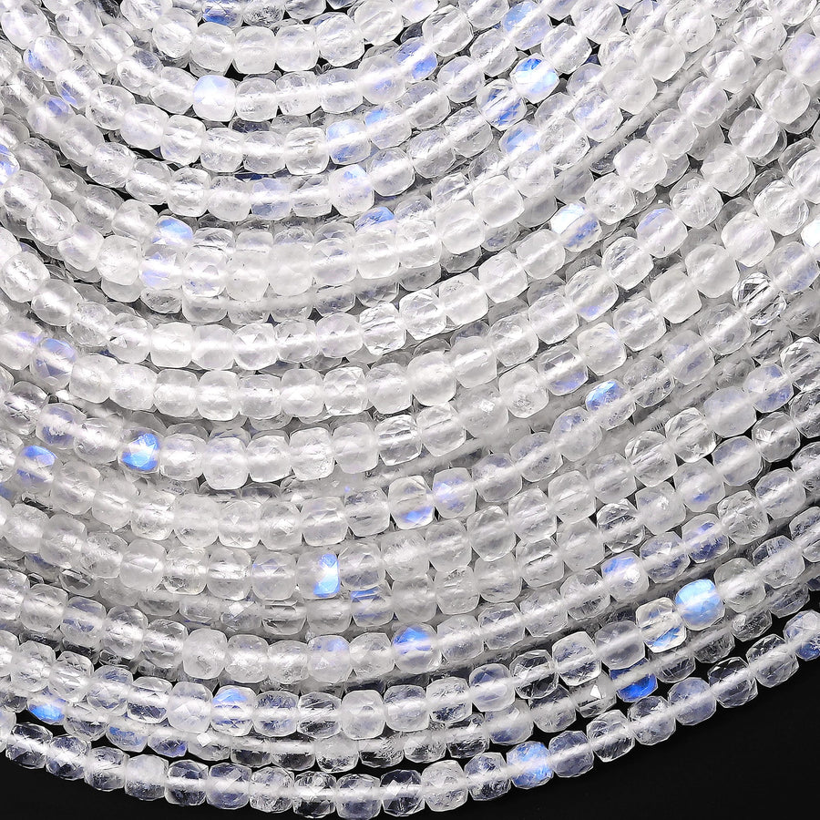 AAA Natural Blue Rainbow Moonstone Faceted 2mm 3mm 4mm 5mm Cube Dice Square Beads Micro Faceted Laser Diamond Cut 15.5" Strand