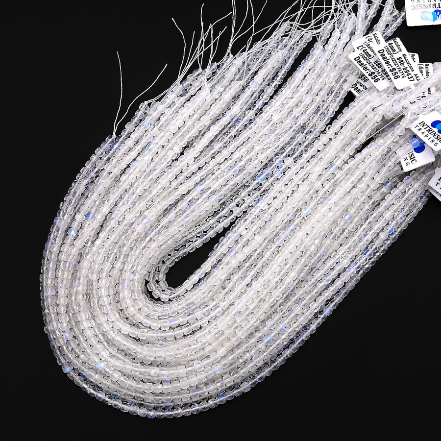 AAA Natural Blue Rainbow Moonstone Faceted 2mm 3mm 4mm 5mm Cube Dice Square Beads Micro Faceted Laser Diamond Cut 15.5" Strand