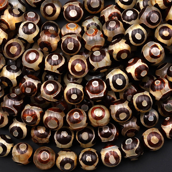 Tibetan Agate 6mm 8mm 10mm Round Beads Dzi Agate Brown Etched Eye Mala Antique Boho Beads 15.5" Strand