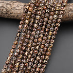 Tibetan Agate 6mm 8mm 10mm Round Beads Dzi Agate Brown Etched Eye Mala Antique Boho Beads 15.5" Strand