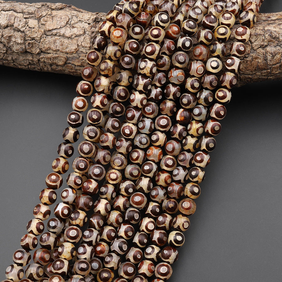 Tibetan Agate 6mm 8mm 10mm Round Beads Dzi Agate Brown Etched Eye Mala Antique Boho Beads 15.5" Strand
