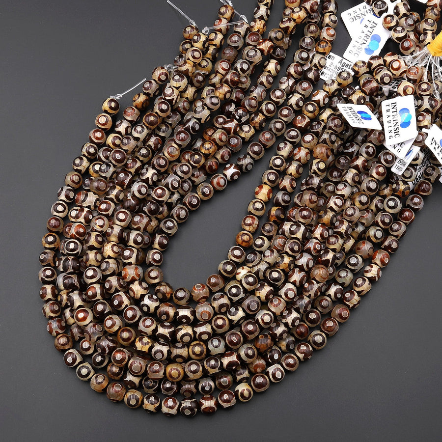 Tibetan Agate 6mm 8mm 10mm Round Beads Dzi Agate Brown Etched Eye Mala Antique Boho Beads 15.5" Strand