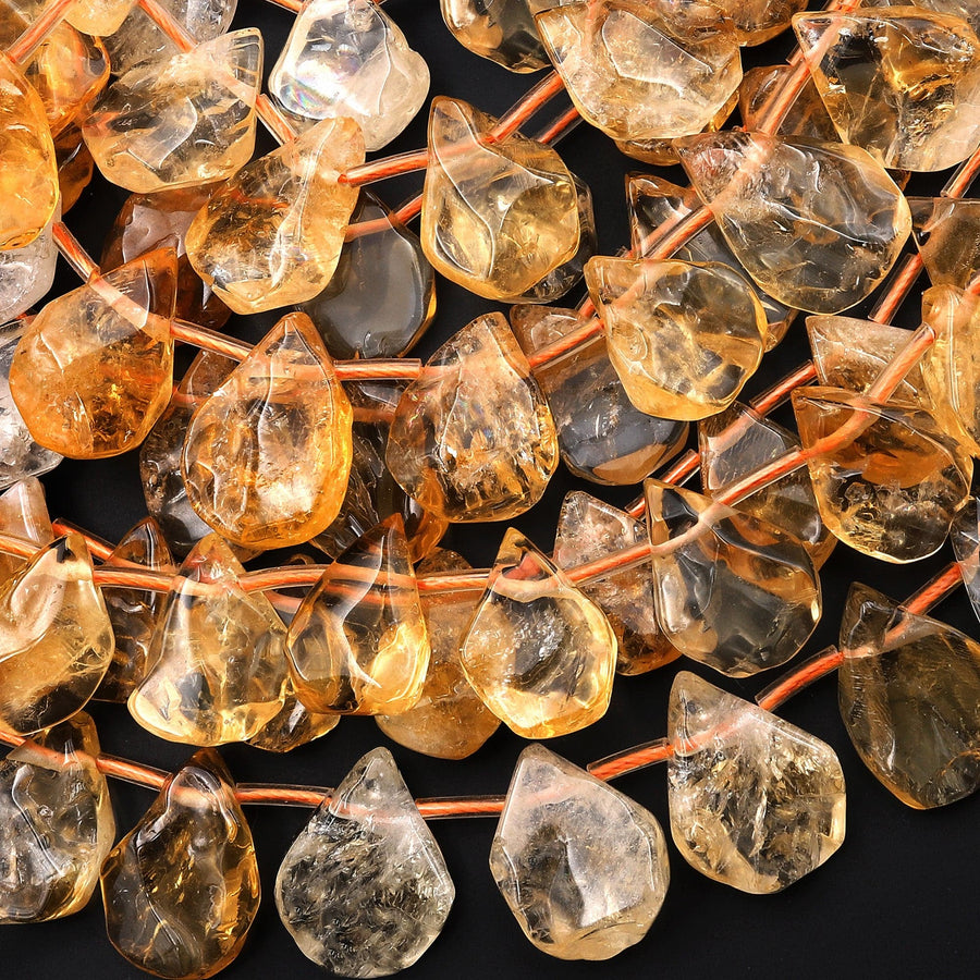 Natural Raw Yellow Citrine Beads Freeform Teardrop Shape Hand Cut Gemstone 15.5" Strand