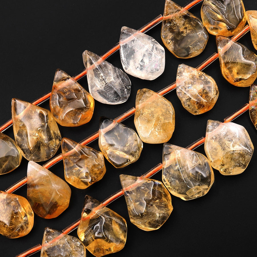 Natural Raw Yellow Citrine Beads Freeform Teardrop Shape Hand Cut Gemstone 15.5" Strand