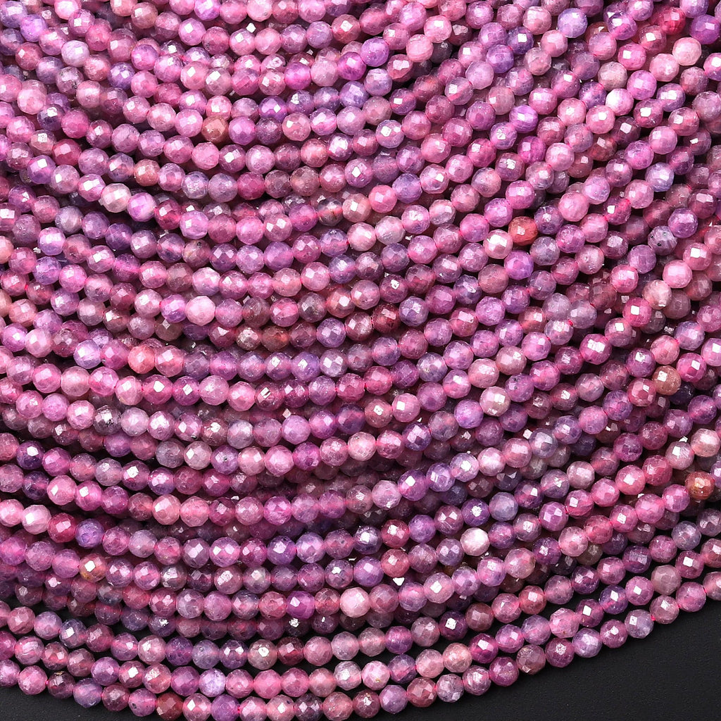 Natural Burma Ruby Faceted 2mm 3mm Round Beads Real Gemstone Micro Diamond Cut 15.5" Strand