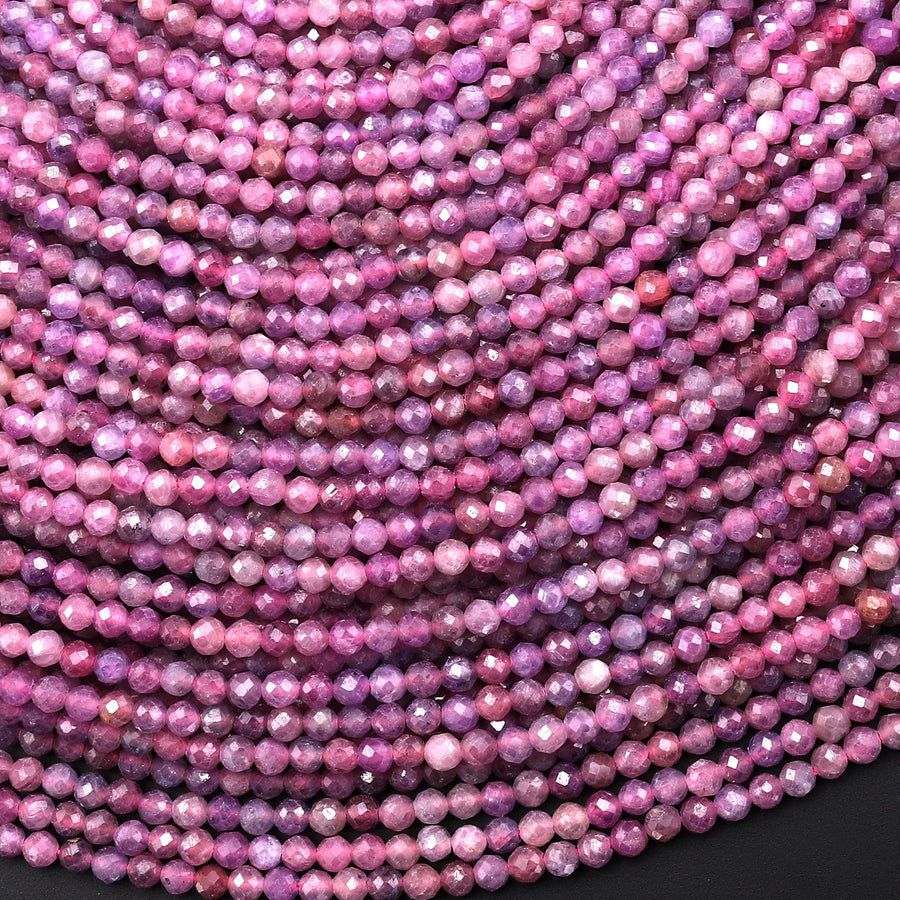 Natural Burma Ruby Faceted 2mm 3mm Round Beads Real Gemstone Micro Diamond Cut 15.5" Strand