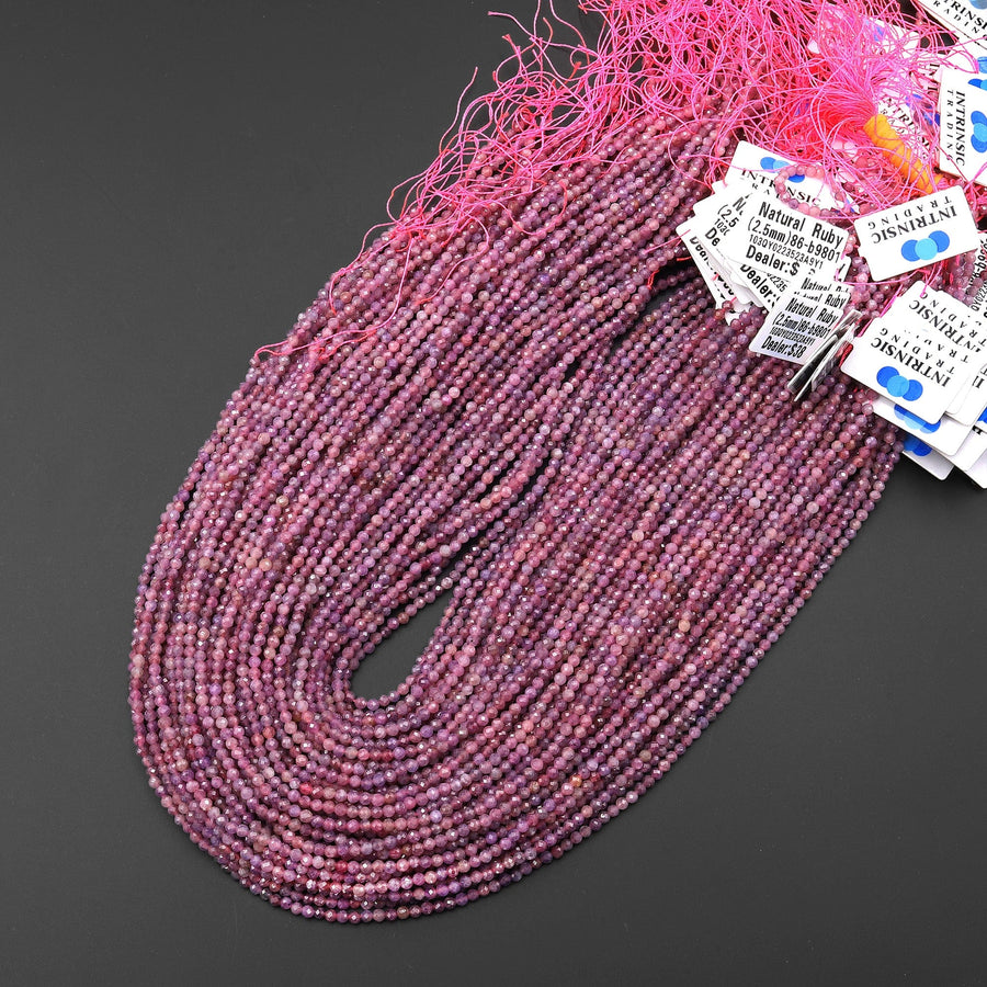 Natural Burma Ruby Faceted 2mm 3mm Round Beads Real Gemstone Micro Diamond Cut 15.5" Strand