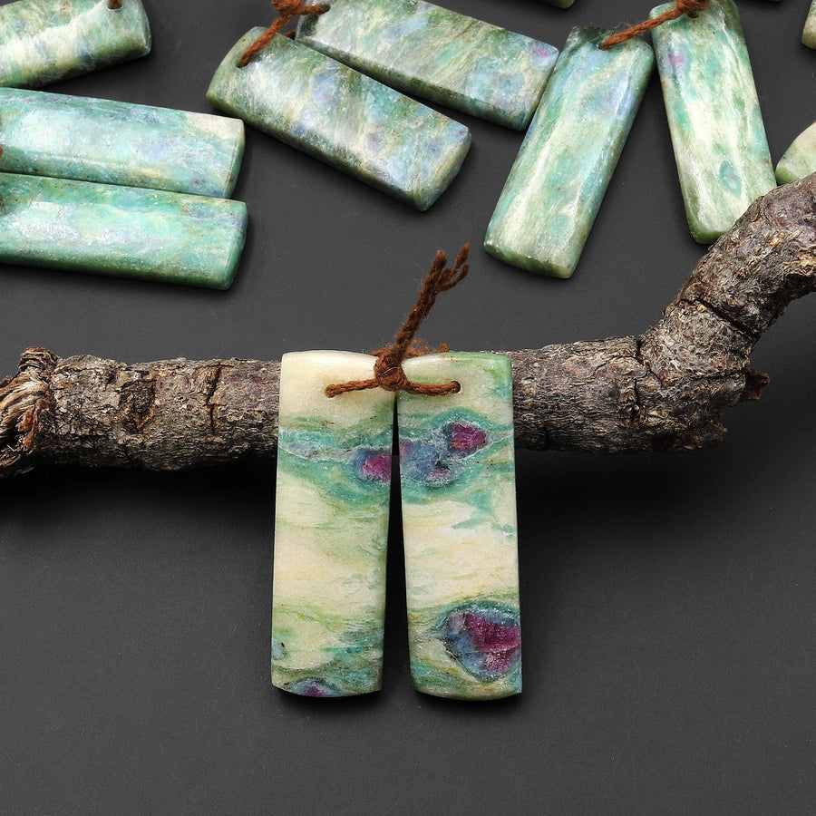 Natural Green Fuchsite Earring Pair Short Rectangle Matched Gemstone Beads