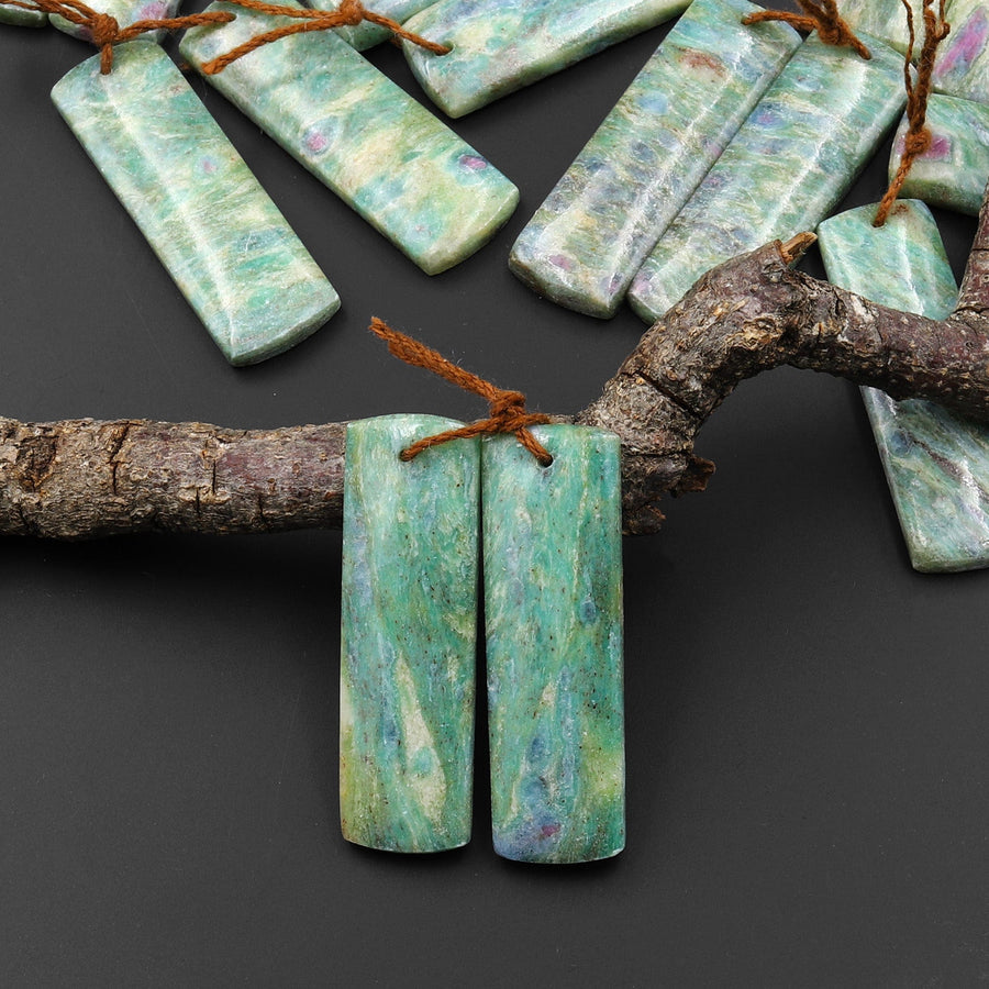 Natural Green Fuchsite Earring Pair Rectangle Matched Gemstone Beads A3