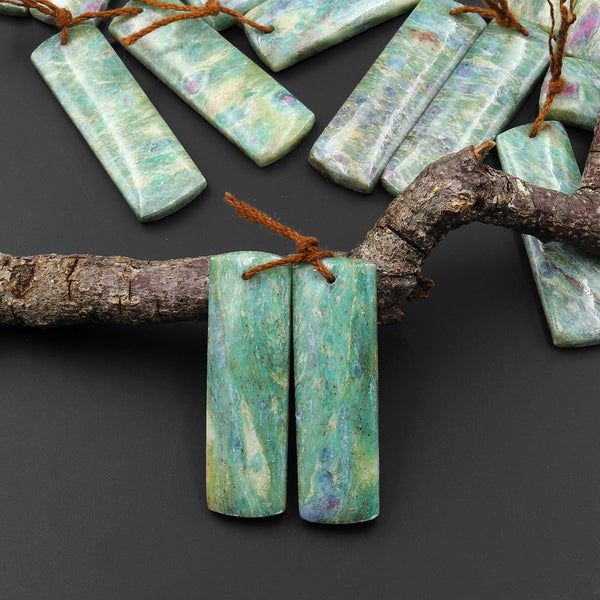 Natural Green Fuchsite Earring Pair Rectangle Matched Gemstone Beads A3