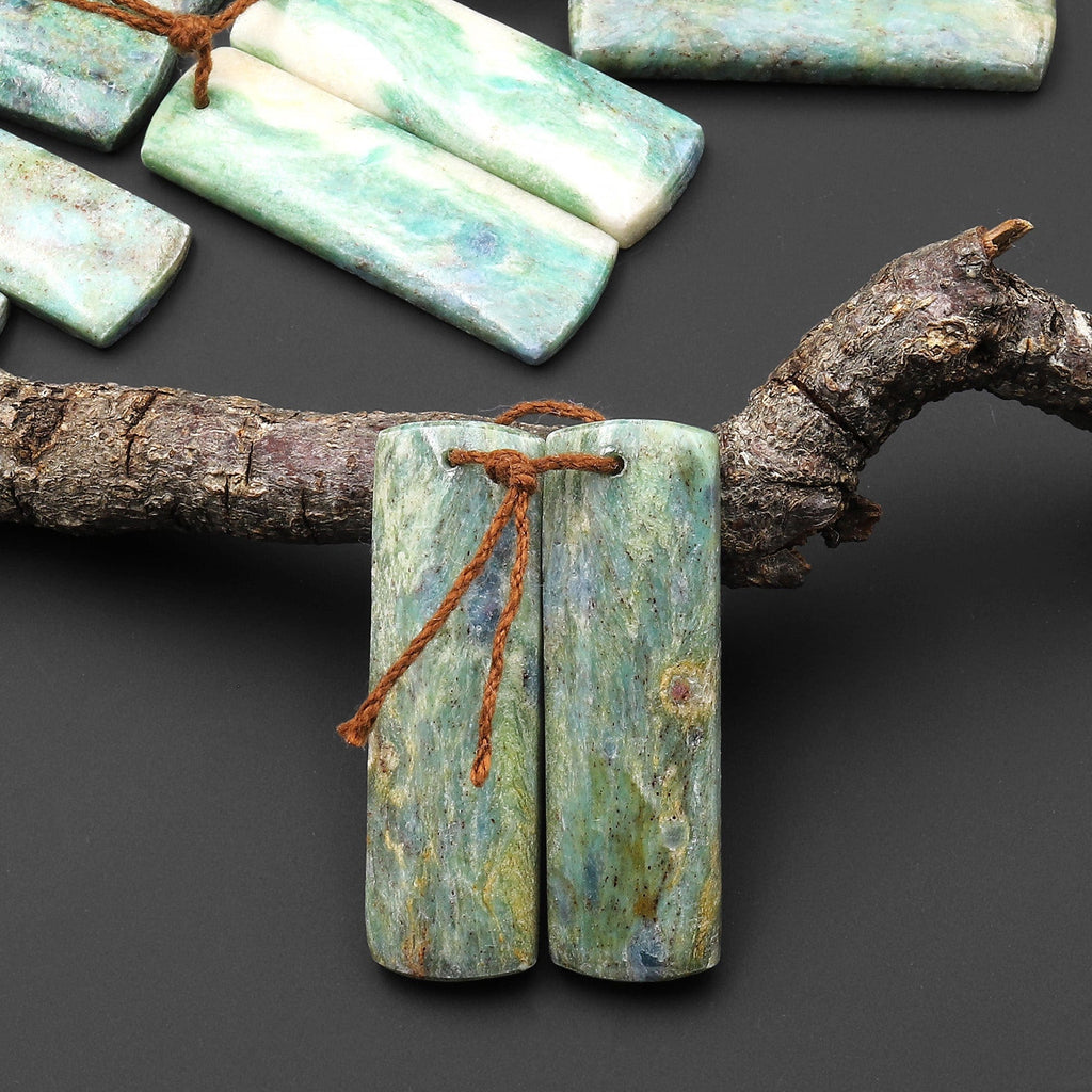 Natural Green Fuchsite Earring Pair Rectangle Matched Gemstone Beads A2