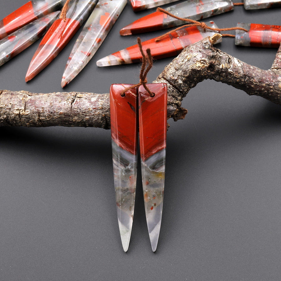 Natural African Bloodstone Matched Long Dagger Triangle Spike Earring Beads Drilled Gemstone Pair