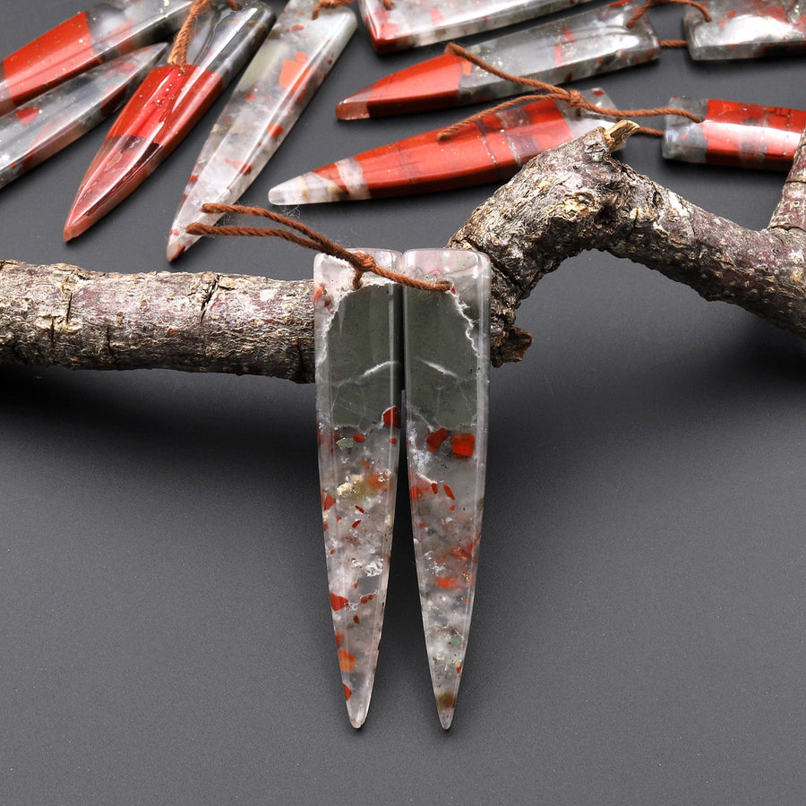 Natural African Bloodstone Matched Long Dagger Triangle Spike Earring Beads Drilled Gemstone Pair