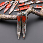 Natural African Bloodstone Matched Long Dagger Triangle Spike Earring Beads Drilled Gemstone Pair