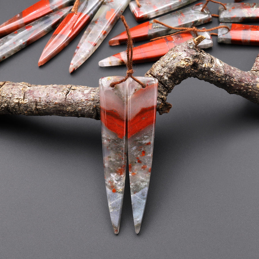 Natural African Bloodstone Matched Long Dagger Triangle Spike Earring Beads Drilled Gemstone Pair