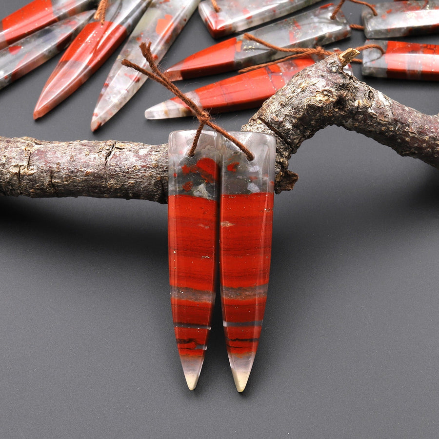 Natural African Bloodstone Matched Long Dagger Triangle Spike Earring Beads Drilled Gemstone Pair