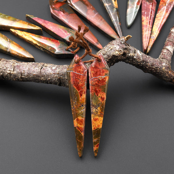 Natural Red Creek Jasper Earring Pair Drilled Long Tapered Spike Dagger Spearhead Matched Gemstone Beads Aka Multicolor Picasso Jasper