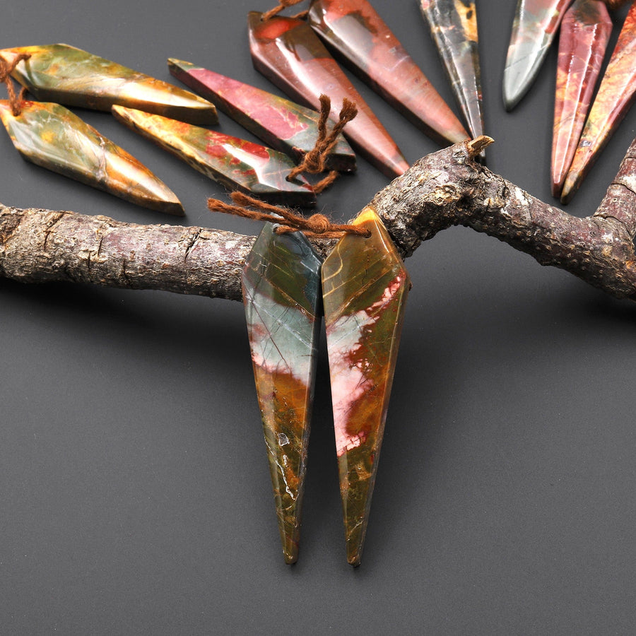 Natural Red Creek Jasper Earring Pair Drilled Long Tapered Spike Dagger Spearhead Matched Gemstone Beads Aka Multicolor Picasso Jasper