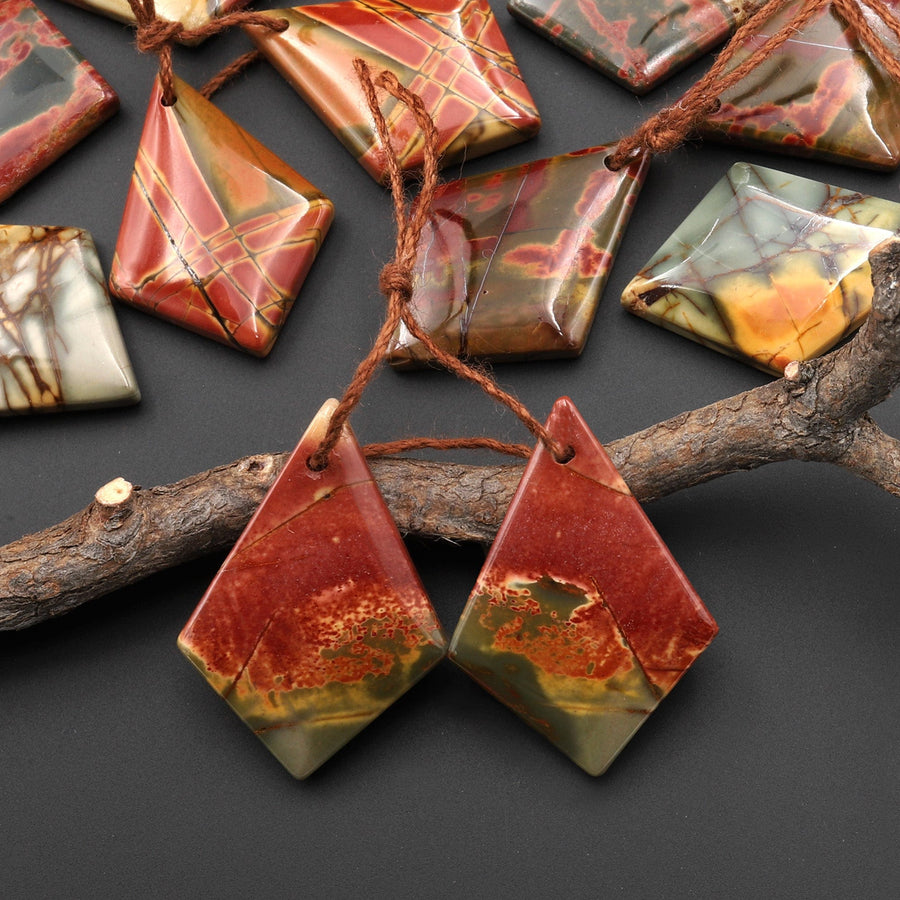 Natural Red Creek Jasper Earring Pair Modern Kite Pentagon Shape Matched Gemstone Bead Pair Aka Multicolor Picasso Jasper