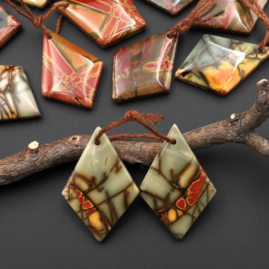 Natural Red Creek Jasper Earring Pair Modern Kite Pentagon Shape Matched Gemstone Bead Pair Aka Multicolor Picasso Jasper