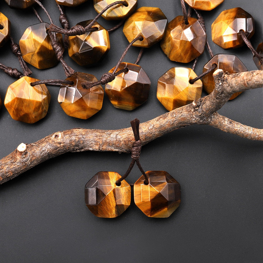 AAA Natural Tiger's Eye Faceted Geometric Round Octagon Coin Disc 12mm Earring Pair Matched Gemstones