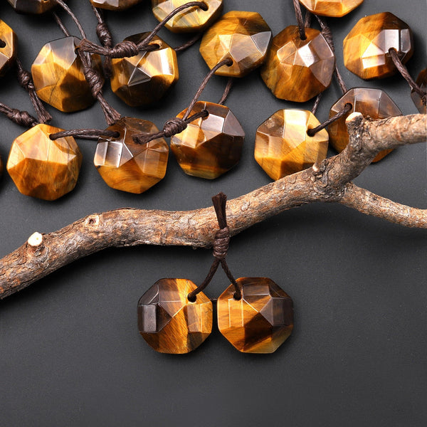 AAA Natural Tiger's Eye Faceted Geometric Round Octagon Coin Disc 12mm Earring Pair Matched Gemstones