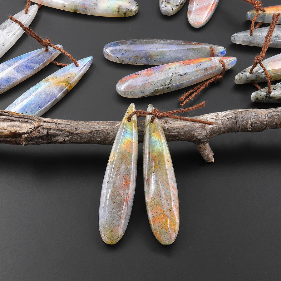 Natural Rainbow Labradorite Smooth Teardrop Earrings Drilled Matched Gemstone Bead Pair