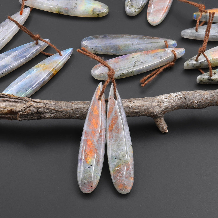 Natural Rainbow Labradorite Smooth Teardrop Earrings Drilled Matched Gemstone Bead Pair