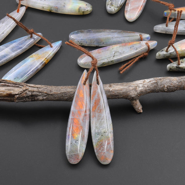 Natural Rainbow Labradorite Smooth Teardrop Earrings Drilled Matched Gemstone Bead Pair
