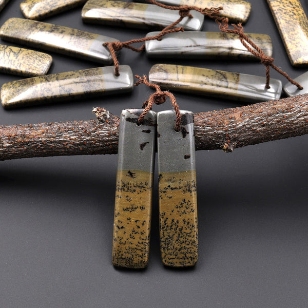 Natural Wild Horse Picture Jasper Rectangle Earring Pair Cabochon Cab Drilled Matched Gemstone Bead Pair