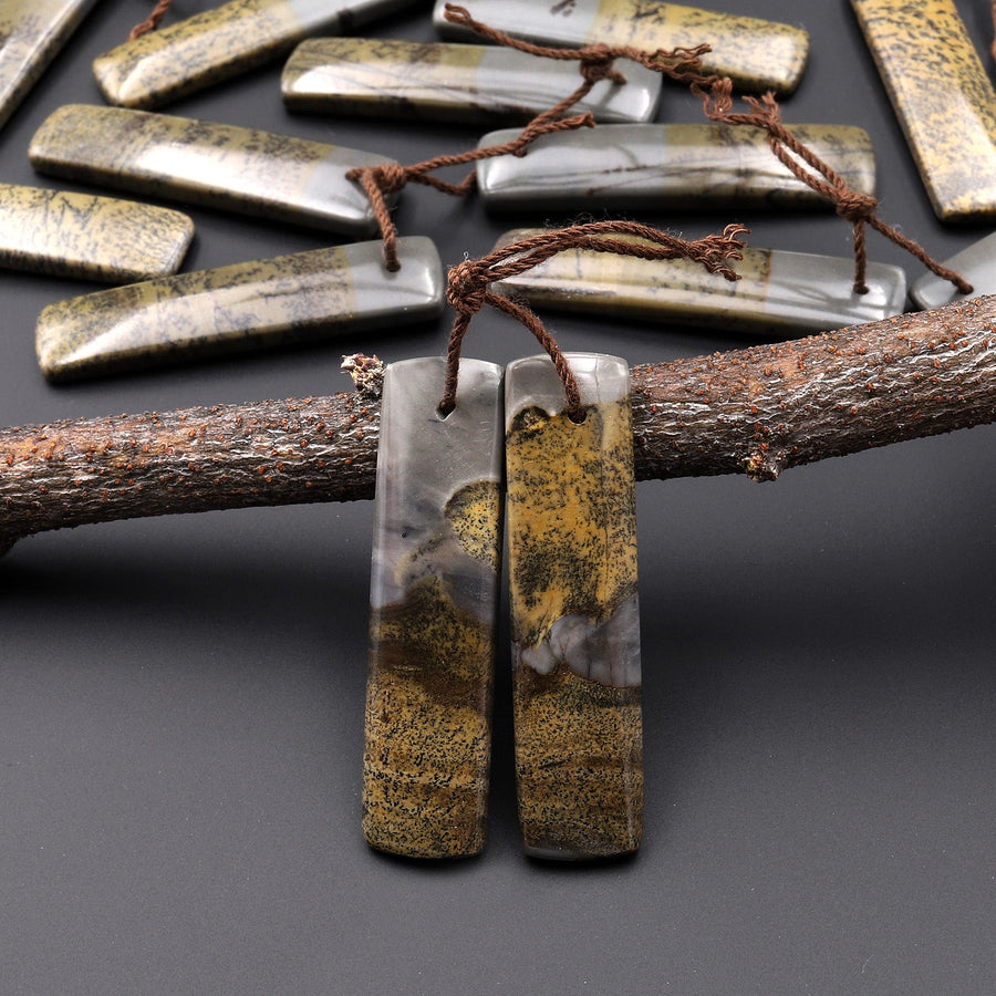 Natural Wild Horse Picture Jasper Rectangle Earring Pair Cabochon Cab Drilled Matched Gemstone Bead Pair