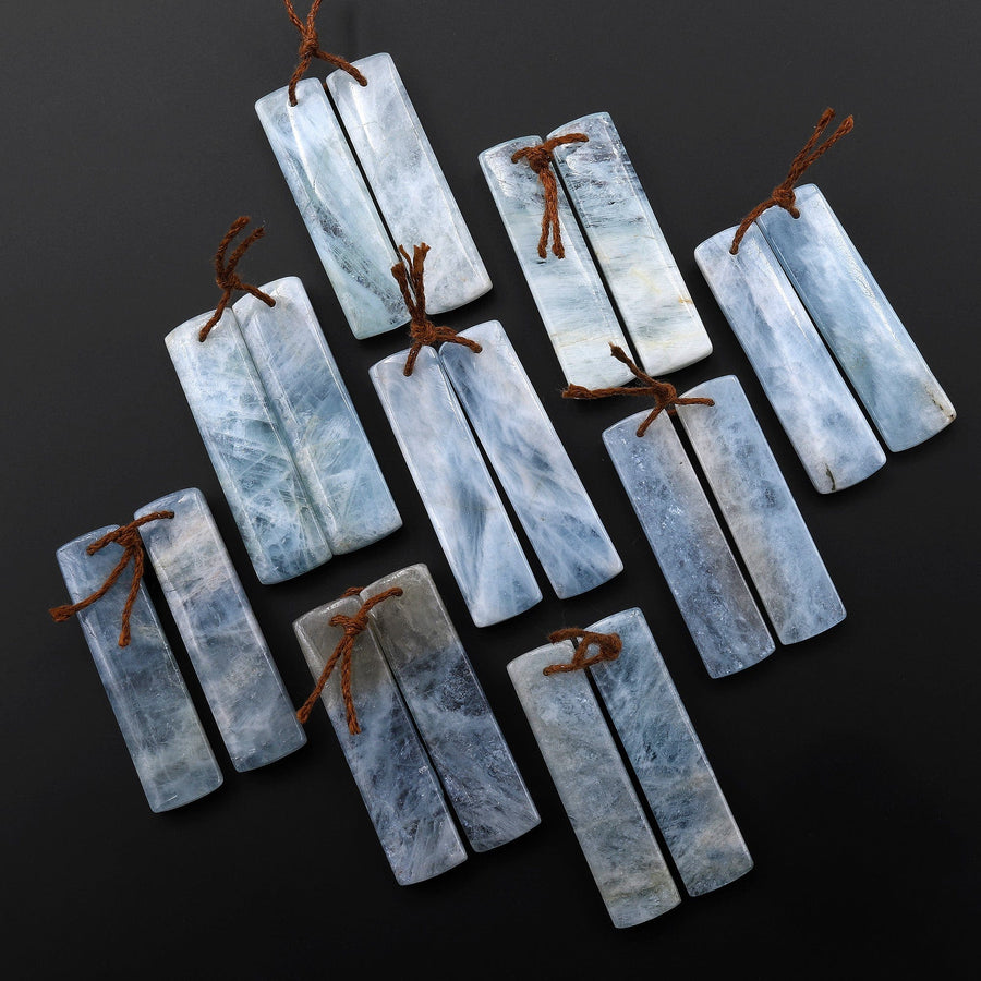 Natural Blue Aquamarine Earring Rectangle Pair Drilled Gemstone Beads