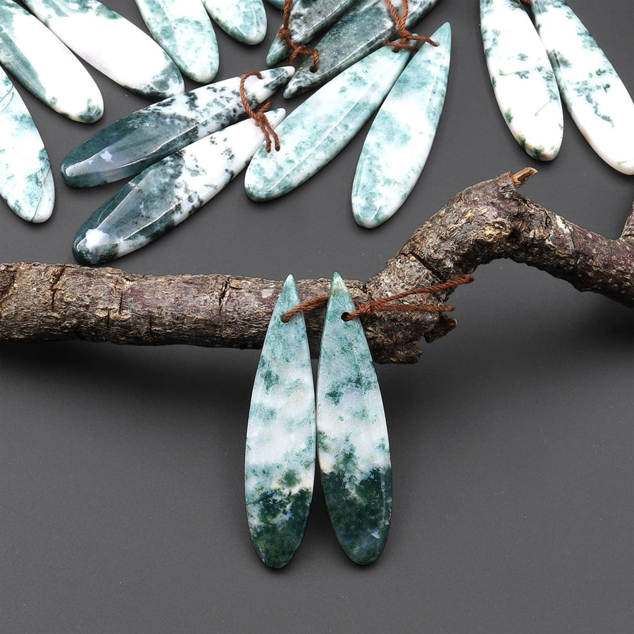 Natural Green Tree Agate Earring Pair Drilled Teardrop Cabochon Cab Matched Gemstone Beads