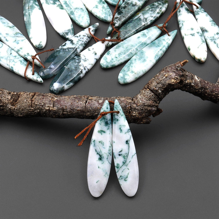 Natural Green Tree Agate Earring Pair Drilled Teardrop Cabochon Cab Matched Gemstone Beads