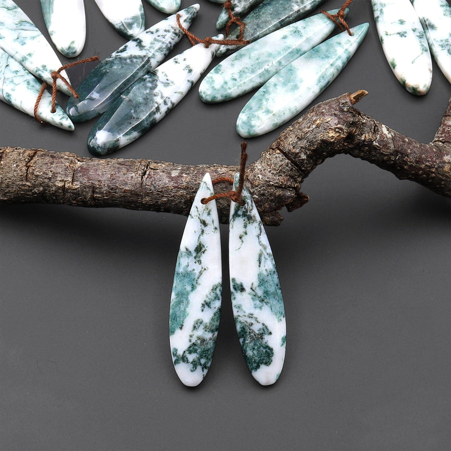 Natural Green Tree Agate Earring Pair Drilled Teardrop Cabochon Cab Matched Gemstone Beads