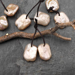 Rare AAA Natural Peach Square Coin Pearl Earrings Drilled Genuine Natural Freshwater Pearl Matched Pair