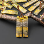 Natural Bumble Bee Jasper Rectangle Cabochon Cab Earring Pair Drilled Matched Gemstone Beads Vibrant Orange Yellow Colors