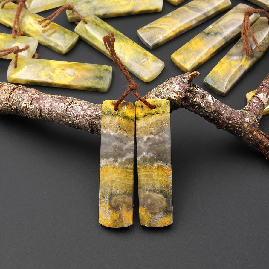 Natural Bumble Bee Jasper Rectangle Cabochon Cab Earring Pair Drilled Matched Gemstone Beads Vibrant Orange Yellow Colors