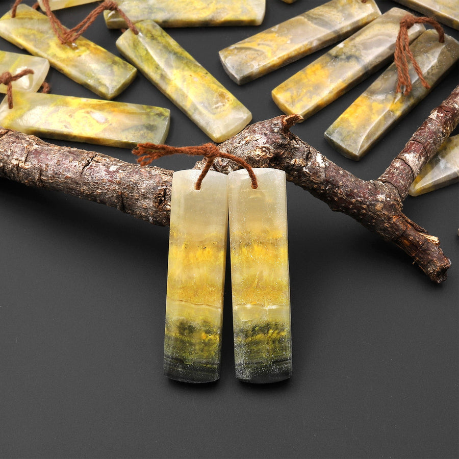 Natural Bumble Bee Jasper Rectangle Cabochon Cab Earring Pair Drilled Matched Gemstone Beads Vibrant Orange Yellow Colors