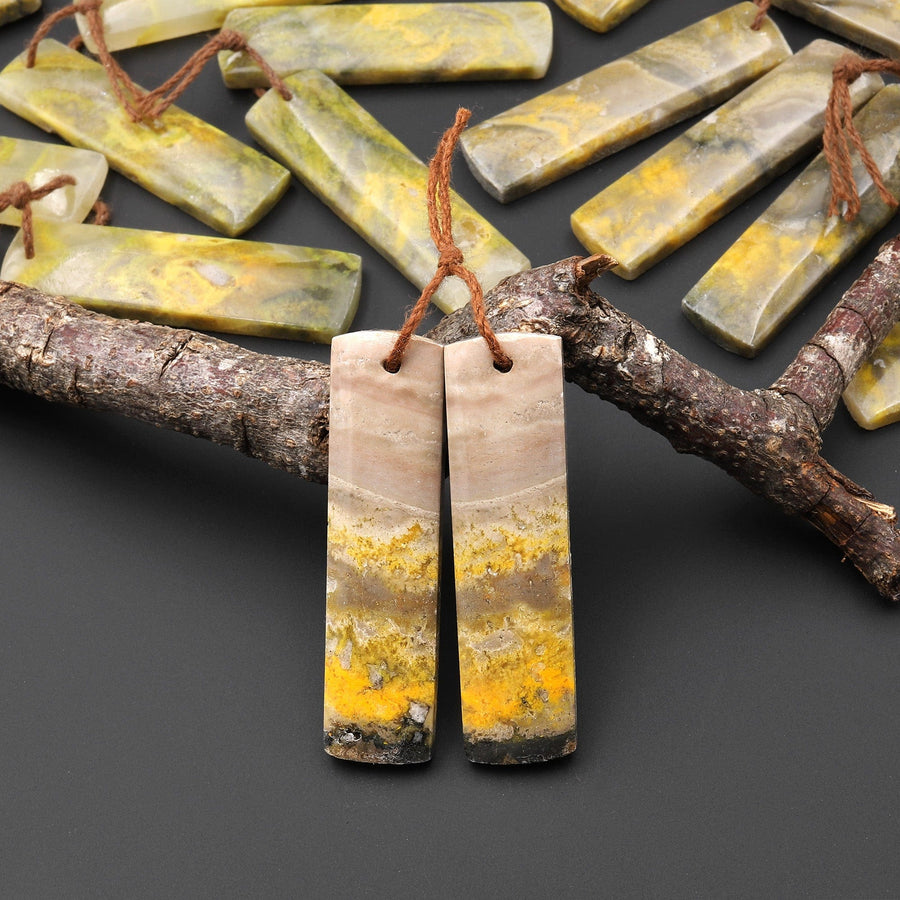 Natural Bumble Bee Jasper Rectangle Cabochon Cab Earring Pair Drilled Matched Gemstone Beads Vibrant Orange Yellow Colors