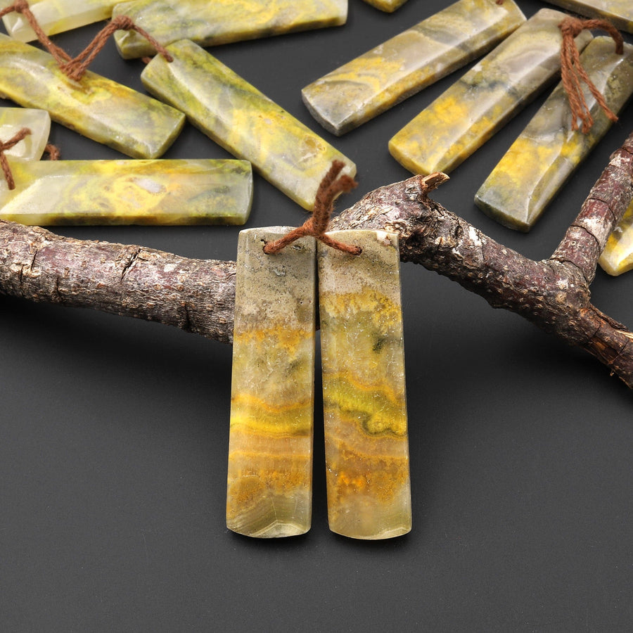 Natural Bumble Bee Jasper Rectangle Cabochon Cab Earring Pair Drilled Matched Gemstone Beads Vibrant Orange Yellow Colors