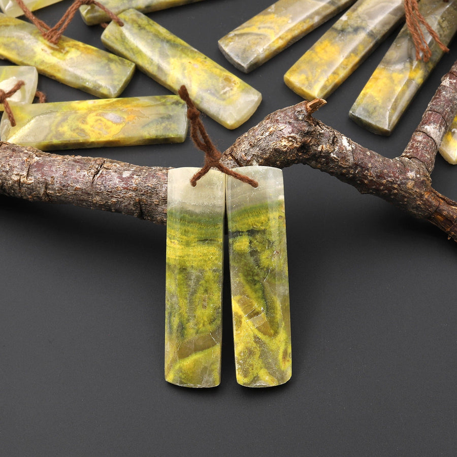 Natural Bumble Bee Jasper Rectangle Cabochon Cab Earring Pair Drilled Matched Gemstone Beads Vibrant Orange Yellow Colors