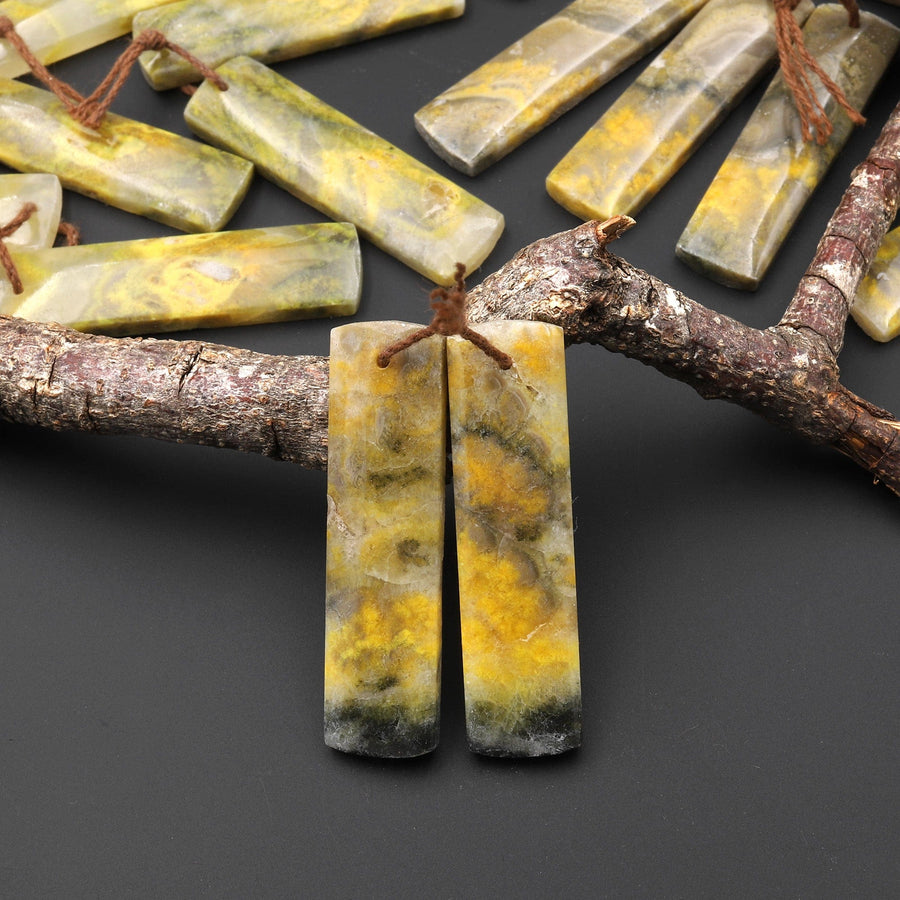 Natural Bumble Bee Jasper Rectangle Cabochon Cab Earring Pair Drilled Matched Gemstone Beads Vibrant Orange Yellow Colors