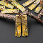 Natural Bumble Bee Jasper Rectangle Cabochon Cab Earring Pair Drilled Matched Gemstone Beads Vibrant Orange Yellow Colors